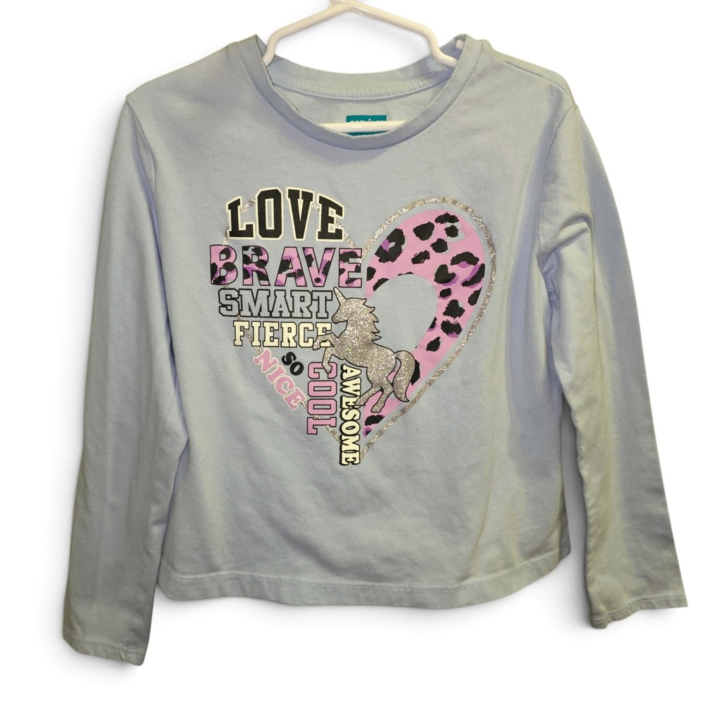 365Kids Graphic T-Shirt Girls Size 7 Light Blue‎ Good Unicorn Heart Long Sleeve